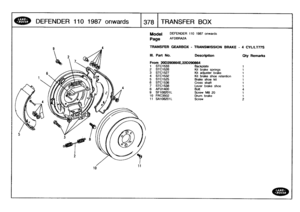 Page 379
DEFENDER
110
1987onwards

	

1378
TRANSFER
BOX

Model

Page

DEFENDER
110
1987
onwards

AFDBRA2A

TRANSFER
GEARBOX
-
TRANSMISSION
BRAKE
-
4
CYULT77S

III
.
Part
No
.
Description
Oty
Remarks

From
2OD290864E,220290864
1
STC1533
Backplate
1
2
STC1526
Kit
brake
springs
1
3
STC1527
Kit
adjuster
brake
1
4
STC1532
Kit
brake
shoe
retention
1
5
STC1525
Brake
shoe
kit
1
6
STC1536
Cross
shaft
1
7
STC1538
Lever
brakeshoe
1
8
AFU1400
Bolt
4
9
SF108201L
Screw
M8
20
1
10
FRC3502
Drum
brake
1
11
SA108201L
Screw
2 