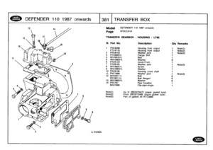 Page 382
DEFENDER
110
1987
onwards

	

1381
TRANSFER
BOX

Model

Page

DEFENDER
110
1987
onwards

AFDCCA1A

TRANSFER
GEARBOX
-
HOUSING
-
LT85

Note(1)Note(2)Note(3)

Up
to
2813327047E
(paper
gasket
type)
From
2813327048E
(liquid
gasket
type)
Part
of
gasket
kit
RTC3890

111
.
Part
No
.
Description
Oty
Remarks

t
FRC8299
Housing
front
output
1
Note(t)
FTC4178
Housing
front
output
t
Note(2)
2
FRC6103
Washer
joint
1
Note(3)
3
FS108301L
Flange
Bolt
74
BH108181L
Bolt
1
5
WA108051L
Washer
8
6
FRC6104
Cover-Front
1
7...