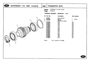 Page 387
DEFENDER
11
0
1987onwards

	

8,61
TRANSFER
BOX

Model

Page

TRANSFER
GEARBOX
-
MAINSHAFT
-
LT85

DEFENDER
110
1987
onwards

AFDCIA1A

Note(1)

	

Part
of
gasket
kit
RTC3890

111
.
Part
No
.
Description
Oty
Remarks

1
FRC8917
Gear
mainshaft
1
2
FRC2365
Seal
oil
1
Note(1)
3
FRC5564
Bearing
24
SELECTIVE
SHIMS
FRC9928
320
AIR
FRC9930
3.25
AIR
FRC9932
3
.30
AIR
FRC9934
3
.35
A/R
FRC9936
3
.40
A/R
FRC9938
3
.45
AIR
FRC9940
3
.50
AIR
FRC9942
3
.55
AIR
FRC9944
3
.60
AIR
FRC9946
3
.65
AIR
FRC9948
3
.70
AIR...