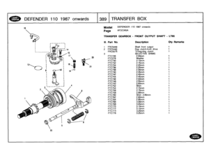 Page 390
DEFENDER
110
1987
onwards
--
r38,19
FTRANSFER
BOX

16

	

Model

	

DEFENDER
110
1987
onwards

P
age
AFDCIA5A

22
20

TRANSFER
GEARBOX
-
FRONT
OUTPUT
SHAFT
-
LT85

III
.
Part
No
.
Description
Oty
Remarks

1
FRC5449
Shaft
front
output
1
2
FRC5440
Dog
clutch-front
drive
t
FRC5575
Onng-dog
clutch
1
3
SELECTIVE
SHIMS
FTC726
2
.00mm
1
FTC278
Washer
1
FTC730
2
.10mm
1
FTC732
2
.15mm
1
FTC734
2
.20mm
1
FTC736
2
.25mm
1

FTC738
2
.30mm
1
FTC740
2
.35mm
1

FTC742
2
.40mm
1
FTC744
2
.45mm
t
FTC746
2
.50mm
1...