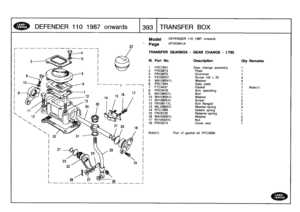 Page 394
DEFENDER
11
0
1
987
onwards

	

1393
TRAN
SFER
BOX

33

Model

Page

DEFENDER
110
1987
onwards

AFDCMAIA

TRANSFER
GEARBOX
-
GEARCHANGE
-
LT85

Note(1)

	

Part
of
gasket
kit
RTC3890

111
.
Part
No
.
Description
Oty
Remarks

I
FRC7941
Gear
change
assembly
1
2
FRC6873
Plate
1
3
FRC6872
Grommet
1
4
FS106207
Screw
m6
x20
45
WA106041L
Washer
46
FRC7944
Gate
plate
1
7
FTC4037
Gasket
1
Note(1)
8
FRC5478
Arm
operating
1
9
BH106051L
Bolt
1
10
WA106041
L
Washer
1
11
SH108251L
Screw
2
12
FBI
08111
L
Bolt
flanged...