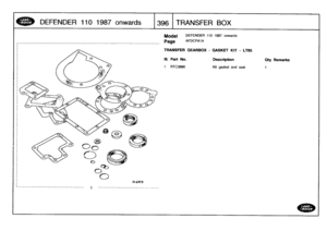 Page 397
DEFENDER
11
0
1987
onwards

	

1396
TRANSFER
BOX

Model

______________________----______-----__________________----________--_______________-_
Page

TRANSFER
GEARBOX
-
GASKET
KIT
-
LT85

111
.
Part
No
.

	

Description

	

Oty
Remarks

1

	

RTC3890

	

Kit
gasket
and
seal

	

1

DEFENDER
110
1987
onwards

AFDCPA1A 