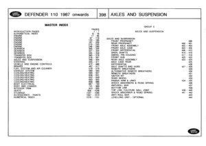 Page 399
DEFENDER
110
1987
onwards

	

398
AXLES
AND
SUSPENSION

INTRODUCTION
PAGES
ALPHABETICAL
INDEX
ENGINEENGINEENGINEENGINEENGINEENGINE
GEARBOXGEARBOXGEARBOX
TRANSFER
BOX
TRANSFER
BOX
AXLES
AND
SUSPENSION
STEERING
VEHICLE
AND
ENGINE
CONTROLS
BRAKES
FUEL
SYSTEM
AND
AIR
CLEANEREXHAUST
SYSTEM
COOLING/HEATINGCOOLING/HEATINGCOOLING/HEATINGCOOLING/HEATINGCOOLING/HEATING
BODY
ELECTRICAL
BODY
AND
CHASSIS
INTERIOR
TRIM
SEATS
STOWAGE
ACCESSORIES
-
PAINTS
NUMERICAL
INDEX

MASTER
INDEX

PAGES
1-
7
8-16

GROUP
E

AXLES...