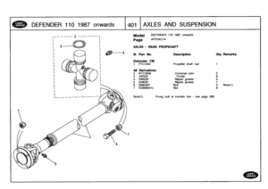 Page 402
DEFENDER
110
1987
on
wards

	

1401
1
AXLES
AND
SUS
PENSION

Model

Page

AXLES
-
REAR
PROPSHAFT

Note(1)

DEFENDER
110
1987
onwards

AFEXAC1A

Fixing
boltat
transfer
lox
-
see
page
369

Ill
.
Part
No
.
Description
Oty
Remarks

Defender
130
1
FTC1250
Propeller
shaft
rear
1

All
Derivatives
2
RTC3458
Universal
joint
23
242522
Circlip
8
4
549229
Nipple
grease
2
5
234532
Nipple
grease
1

6
509045P
Bolt
4
Note(1)
7
NZ606041L
Nut
8 