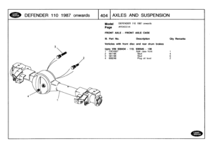 Page 405
DEFENDER
110
1987
onwards

	

1404
AX
L
E
S
AN
D
SUS
P
ENSION

Model

Page

DEFENDER
110
1987
onwards

AFEXCCIA

FRONT
AXLE
-
FRONT
AXLE
CASE

111
.
Part
No
.
Description

Vehicles
with
front
disc
and
rear
drum
brakes

Oty
Remarks

Upto
VIN930434
-
110
.
930545
-
130
1
FRC4307
Axle
case
front
1
2
561195
Stud
43
561196
Stud
64
608246
Plug
oil
level
2 