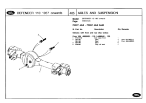 Page 406
DEFENDER
110
1987
onwards

	

405
AXLES
AND
SUSPENSION

Model

Page

DEFENDER
110
1987
onwards

AFE)CCC2A

FRONT
AXLE
-
FRONT
AXLE
CASE

4631A
O4632A

III
.
Part
No
.

Vehicles
with
front

From
VIN
LA930435
1
FTC4413

Description

and
rear
disc
brakes

-
110,
LA930546
-
130
Axle
case
front

Oty
Remarks

1
2
561195
Stud4
Upto
64L
561196
Stud4
From64
3
561196
Stud64
608246
Plug
oil
level
2 