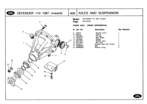 Page 410
DEFENDER
110
1987
onwards

	

409
AXLES
AND
SUSPENSION

13

DEFENDER
110
1987
onwards

AFEXCE2A

FRONT
AXLE
-
FRONT
DIFFERENTIAL

III
.
Part
No
.
Description
Oty
Remarks

9
539707
Bearing
pinion
1
10
539745
Spacer
1
11
FRC8220
Oil
seal
1
12
FRC8154
Mud
Shield
1
13
FRC3002
Flange
t
14
90513454
Washer
plain
1
15
NY116041
Nut
nyloc
1
16
NRC9713
Bracket-Track
Rod
Protect
1
17
SH406061L
Bon
2
18
WM600061
Washer
spring
2 