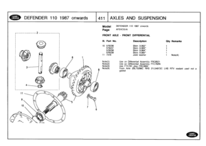 Page 412
DEFENDER
110
1987
onwards
:1
411

	

AXLES
AND
SUSPENSION

Model

Page
Note(1)Note(2)Note(3)Note(4)

DEFENDER
110
1987
onwards

AFEXCG1A

FRONT
AXLE
-
FRONT
DIFFERENTIAL

Joint
washer

	

1

	

Note(4)

Use
on
Differential
Assembly
FRC8521
Use
on
Differential
Assembly
FTC782N
Use
FTC781
plus
FRC3D02
From
Axle
20L73298C
RHS
211-54972C
LHS
RTV
sealant
used
nota
gasket

III
.
Part
No
.
Description
Oty
Remarks

10
576236Shim
0
.062
1
576237Shim
0
.063
1
576238Shim
0
.064
1
576239Shim
0
.065
1
11
7316 