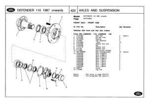 Page 423
DEFENDER
11
0
1
98
7
o
nw
a
r
ds

	

1422
AXLES
AND
SUSPENSION

6
3

10
12
13

Model

Page

DEFENDER
110
1987
onwards

AFEXCM?A

FRONT
AXLE
-
FRONT
HUB

III
.
Part
No
.

	

Description

	

Oty
Remarks

Vehicles
with
front
and
rear
disc
brakes

From
VIN
LA930435
-
110,
LA930546
-
130
1
FTC3183

	

Axle
stub

	

2

	

Note(1)
2
FTC2783

	

Oil
seal
inner

	

2
3
RTC3429

	

Bearing

	

44
FTC942

	

Hub
assembly

	

2
1

	

5
FRC5926

	

Stud

	

10
i

	

6
FTC3185

	

Washer
stub
axle

	

2
7
FRC8700...