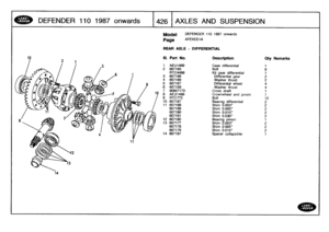 Page 427
DEFENDER
110
1987
onwards

	

426
AXLES
AND
SUSPENSION

14

Model

Page

DEFENDER
110
1987
onwards

AFEXEE1A

REAR
AXLE
-
DIFFERENTIAL

111
.
Part
No
.
Description
Qty
Remarks

1
AEU1489
Case
differential
1
2
607165
Bolt
8
RTC4488
Kit
gear
differential
1
3
607166
Differential
gear2
4
607169
Washer
thrust
25
607167
Differential
wheel
4
6
607168
Washer
thrust
4
7
90607170
Cross
shaft
1
8
AEU1498
Crownwheel
and
pinion
1
9
RTC773
Bolt
1210
607187
Bearing
differential
2
11
607188Shim
0
.003
2
607189Shim
0...