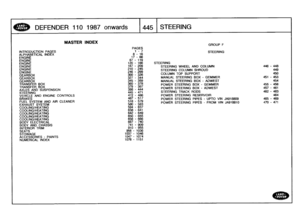 Page 446
DEFENDER
110
1987
onwards

	

445
STEERING

INTRODUCTION
PAGES
ALPHABETICAL
INDEX
ENGINEENGINEENGINEENGINEENGINEENGINE
GEARBOXGEARBOXGEARBOX
TRANSFER
BOX
TRANSFER
BOX
AXLES
AND
SUSPENSION
STEERING
VEHICLE
AND
ENGINE
CONTROLS
BRAKES
FUEL
SYSTEM
AND
AIR
CLEANEREXHAUST
SYSTEM
COOLING/HEATINGCOOLING/HEATINGCOOLING/HEATINGCOOLING/HEATINGCOOLING/HEATING
BODY
ELECTRICAL
BODY
AND
CHASSIS
INTERIOR
TRIM
SEATS
STOWAGE
ACCESSORIES
-
PAINTS
NUMERICAL
INDEX

MASTER
INDEX

956
-
10361037
-
10461047
-
1074
1076
-
1151...