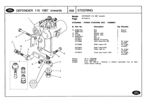 Page 457
DEFENDER
1101987
onwards
:
456
STEERING

-----------

Model

Page

DEFENDER
110
1987
onwards

AFFXGCIA

STEERING
-
POWER
STEERING
BOX
-
GEMMER

Note(l)

	

Up
to
LA939769
Note(2)

	

From
LA939770
Note(3)

	

From
VIN
290110
-
Gemmer
or
Adwest
Lighweight
may
be
fitted
-
Check
before
ordering

Ill
.
Part
No
.
Description
Oty
Remarks

12
BH607161L
Bolt
2
Note(1)
BH607191L
Bolt
2
Note(2)
133261
Washer
plain
214
217245
Washer
plain
215
NY607041L
Nut
2
RTC5071
Seal
kit
1
RTC5074
Bearing
kit-housing
1...