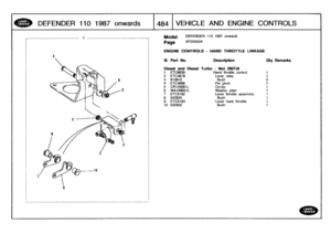 Page 485
DEFENDER
110
1987
onwards

	

484
VEHICLE
AND
ENGINE
CO
NTROLS

-------------------------------
1
-------------------------------------
Model

Page

DEFENDER
110
1987
onwards

AFGXIA2A

ENGINE
CONTROLS
-
HAND
THROTTLE
LINKAGE

III
.
Part
No
.

	

Description

	

Oty
Remarks

Diesel
and
Diesel
Turbo
-
Not
200TdI
1

	

ETC6630

	

Hand
throttle
control

	

t
2
ETC4678

	

Lever
relay

	

1
6

	

3
613915

	

Bush

	

24
ETC4686

	

Pin
pivot

	

1
5
CR120081L

	

Circlip

	

1
6
WA108051L

	

Washer...