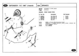 Page 495
DEFENDER
110
1987
onwards

	

494
BRAKES

17

Model

Page

BRAKES
-
FRONTBRAKE
PIPES

Note(1)Note(2)
Note(3)Note(4)

DEFENDER
110
1987
onwards

AFHXCA1A

PDWA
=
Pressure
differential
warning
actuator
PDWA/PCR
=
Pressure
differential
warning
actuator
combined
with
pressure
conscious
reduction
Up
to
LA930434FromLA930435

III
.
Part
No
.
Description
Oty
Remarks

20
NRC9575
Pipebrake
RH
1
Note(3)
ANR2946
Pipebrake
RH
1
Note(4)
21
NRC7799
Pipebrake
LH
1
Note(3)
ANR2947
Pipebrake
LH
1
Note(4)
22
CRC1250
Pipe...