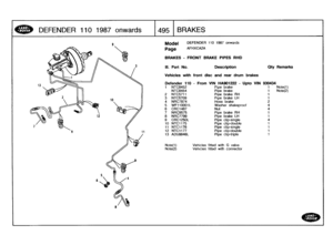 Page 496
DEFENDER
110
1987
onwards

	

1495
BRAKES

Model

Page

DEFENDER
110
1987
onwards

AFHXCA2A

BRAKES
-
FRONT
BRAKE
PIPES
RHD

III
.
Part
No
.

	

Description

	

Oty
Remarks

Vehicleswith
front
disc
and
rear
drum
brakes

Defender
110
-
From
VIN
HA901222
-
Upto
VIN
930434
Note(i)Note(2)
Note(1)

	

Vehicles
fitted
with
G
valve
Note(2)

	

Vehicles
fitted
with
connector

1
NTG8452
Pipebrake
1
NTC8454
Pipebrake
1
2
NTC5711
Pipebrake
RH
1
3
NTC5709
Pipebrake
LH
1
4NRC7874
Hose
brake
25
WF110001
L
Washer...