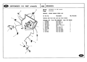 Page 499
DEFENDER
110
1987
onwards

	

498
BRAKES

10

	

Model

	

DEFENDER
110
1987
onwards

Page
AFHXCA5A

BRAKES
-
FRONT
BRAKE
PIPES
LHD

III
.
Part
No
.

	

Description

	

Oty
Remarks

Vehicles
with
front
disc
and
rear
drum
brakes

Defender
130
-
From
VIN
HA901220
-
Upto
VIN
930545
1

	

NTC8453

	

Pipebrake

	

1
2
NTC8450

	

Pipebrake
RH

	

1
3
NTC5708

	

Pipebrake
LH

	

1
4
NRC7874

	

Hose
brake

	

25
WF110001L

	

Washer
shakeproof

	

46
CRC1487

	

Nut

	

47
NRC9575

	

Pipebrake
RH

	

1

8...