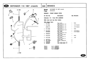 Page 501
DEFENDER
1101987
onwards

	

500
BRAKES

LH
FRONT

Model

	

DEFENDER
110
1987
onwards

Page
AFHXCA7A

BRAKES
-
FRONTBRAKE
PIPES

111
.
Part
No
.

	

Description

	

Oty
Remarks

Defender
110
-
From
VIN
LA930435

With
front
and
rear
disc
brakes

With
Brake
Valve
1
NTC7961
Pipebrake
1
RHS
-m/cyl
to
valve
rear
1
NTC7962
Pipe
brake
1
LHS
Note(3)
-m/cyl
to
valve
rear
ANR3770
Pipe
brake
1
LHS
Note(4)
-m/cyl
to
valve
rear
2
NTC7968
Pipe
brake
1
RHS
-m/cyl
to
valve
front
2
NTC7970
Pipe
brake
1
LHS
Note(1)...