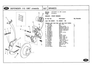 Page 508
DEFENDER
110
1987
onwards

	

507
BRAKES

Model

	

DEFENDER
110
1987
onwards

Page
AFHXGA1A

BRAKES-
FRONT
BRAKES

III
.
Part
No
.

	

Description

	

Qty
Remarks

Upto
VIN
930434
-
110,
930545
-
130

Vehicleswith
front
disc
and
rear
drum
brakes
1
FRC7329
Disc
brake22
AFU1180
Bon
10
3
WL110001L
Washer
spring
104
FRC6402
Mudshield
brake
RH
1

FRC6403
Mudshield
brake
LH
1
5
FRC7202
Bracket
retaining-RH
1
FRC7201
Bracket
retaining-LH
1

6
SH106121L
Screw
27
WL106001L
Washer
spring
2
8
NH106041L
Nut29...