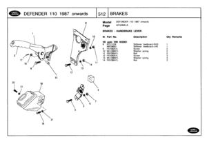 Page 513
DEFENDER
1101987
onwards

	

512
BRAKES

19
21

15
12

Model

Page

DEFENDER
110
1987
onwards

AFHXMA1
A

BRAKES
-
HANDBRAKE
LEVER

10
III
.

V8
8

Part
No
.

upto
VIN
455961
NTC1224

Description

Stiffener
heelboard-RHS

Qty
Remarks

1
NRC6653
Stiffener
heelboard-LHS
1
9
FS108251L
Screw
210
WL108001
L
Washer
spring
2
11
FNIO8041L
Nut2
12
FS108251L
Screw
3
13
WL108001
L
Washer
spring
314
FNIO8041L
Nut3 