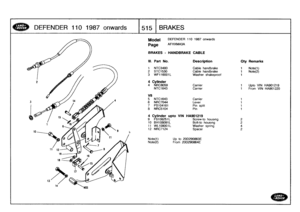 Page 516
DEFENDER
110
1987
onwards

	

1515
BRAKES

Model

Page

DEFENDER
110
1987
onwards

AFHXMA3A

BRAKES
-
HANDBRAKE
CABLE

HA901219HA901220

Note(1)

	

Up
to
20D290863E
Note(2)

	

From
20D290864E

111
.
Part
No
.
Description
Qty
Remarks

1
NTC3480
Cable
handbrake
1
Note(1)
2
STC1530
Cable
handbrake
1
Note(2)
3
WF116001L
Washer
shakeproof
1

4
Cylinder
4
NRC8059
Carrier
1
Upto
VIN
NTC1643
Carrier
1
From
VIN

V8
5
NTC1643
Carrier
1
6
NRC7044
Lever
1
7
PS104161
Pin
split
1
8
NRC5104
Pin
1

4
Cylinder
upto...