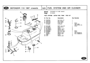 Page 524
DEFENDER
110
1987
onwards

	

1523
I
FUEL
S
Y
S
TEMAND
AIR
CLEANER

28

27
23
25

11

12
13
21
16

Model

Page

FUEL
SYSTEM
-
EXTRA
FUEL
TANK
-
PICK
UP

DEFENDER
110
1987
onwards

AFJXAA2A

III
.
Part
No
.
Description
Qty
Remarks

20
PRC8708
Fuel
level
unit
1
21
ARA1501
L
Ring
locking
1
22
ARA1502L
Ring
sealing
1
23
PRC7018
Pump
fuel
1
Petrol
RTC6545
Connector
1
Petrol
upto
VIN
347499
only
24
NTC2180
Elbow
and
pipe
1
Diesel
25
PRC5852
Ring
sealing
1
26
SE105121L
Screw
527
WL105001L
Washer
spring
528...