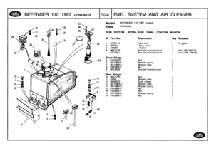 Page 525
DEFENDER
1101987
onwards

	

15241
FUEL
SYSTEM
AND
AIR
CLEANER

29

Model

Page

FUEL
SYSTEM
-
EXTRA
FUEL
TANK
-
STATION
WAGON

DEFENDER
110
1987
onwards

AFJXAA3A

33

III
.
Part
No
.
Description
Oty
Remarks

1
NTC2110
Tank
fuel
1
10
gallon
2
NRC62
Plug
drain
1
3
243958
Washer
1
4
NRC9138
Bracket
mounting-front
1
UptoVIN
346179
NTC5351
Bracket
mounting-front
1
From
VIN
346180

Front
fixings
5
FS108251L
Bolt
36
WL108001L
Washer
spring
37
WA108051L
Washer
plain
38
FNIO8041L
Nut
39
NRC6558...