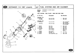 Page 528
DEFENDER
110
1987
onwards

	

1527
FUEL
SYSTEM
AND
AIR
CLEANER

DEFENDER
110
1987
onwards

AFJXCAIA

FUEL
SYSTEM
-
FUEL
FILLER
-
REAR
AND
SIDE
TANK

Ill
.
Part
No
.

Defender
110

Description
Oty
Remarks

16
NTC2337
Hose
fuel
filler
1
Main
tank
NTC2699
Hose
fuel
filler
1
Side
tank

Defender
130
16
RRC2593
Hose
fuel
filler
1
Main
tank-HCPU
Upto25-9-88
RRC4418
Hose
fuel
filler
1
Main
tank-HCPU
From
26-9-88

17
594753
Clip
hose2Main
tank
594753
Clip
hose
1
Side
tank18
STC128
Clip
hose
1
Side
tank19...