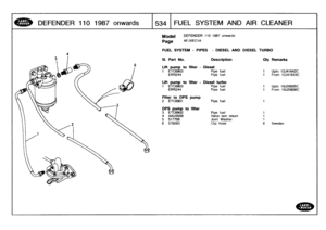 Page 535
DEFENDER
1101987
onwards

	

1534
I
FUEL
SYSTEM
AND
AIR
CLEANER

Model

Page

DEFENDER
110
1987
onwards

AFJXEC1A

FUEL
SYSTEM
-
PIPES
-
DIESEL
AND
DIESEL
TURBO

III
.
Part
No
.
Description
Oty
Remarks

Lift
pump
to
filter
-
Diesel
1
ETC6903
Pipe
fuel
1
Upto
12J41642C
ERR244
Pipe
fuel
1
From
12J41643C

Lift
pump
to
filter
-
Diesel
turbo
1
ETC6903
Pipe
fuel
1
Upto
19J20835C
ERR244
Pipe
fuel
1
From
19J20836C

Filter
to
DPS
pump
2
ETC6901
Pipe
fuel
1

DPS
pump
to
filter
3
ETC6902
Pipe
fuel
1
4
AAU3509...