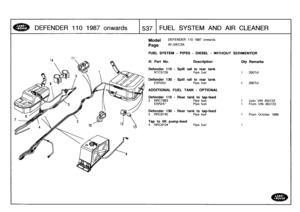 Page 538
DEFENDER
110
1987
onwards

	

1537
FUEL
SYSTEM
AND
AIR
CLEANER

Model

Page

DEFENDER
110
1987
onwards

AFJXEC3A

FUEL
SYSTEM
-
PIPES
-
DIESEL
-
WITHOUT
SEDIMENTOR

III
.
Part
No
.

	

Description

	

Oty
Remarks

Defender
110
-
Spill
rail
to
rear
tankNTC5729
Pipe
fuel
1
200Tdi

Defender
130
-
Spill
rail
torear
tank
ESR352
Pipe
fuel
1
200Tdi

ADDITIONAL
FUEL
TANK
-
OPTIONAL

Defender
110
-
Rear
tank
to
tap-feed
3
NRC7893
Pipe
fuel
1
Upto
VIN
450722
ESR247
Pipe
fuel
1
From
VIN
450723

Defender
130
-...