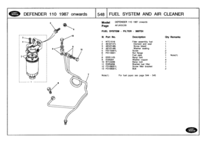 Page 549
DEFENDER
110
1987onwards

	

548
1
FUEL
SYSTEM
AND
AIR
CLEANER

Model

Page

DEFENDER
110
1987
onwards

AFJXGC2B

FUEL
SYSTEM
-
FILTER
-
300TD1

Note(l)

	

For
fuel
pipes
see
page
544
-
545

111
.
Part
No
.
Description
Qty
Remarks

i
NTC1518
Filter
assembly
fuel
1
2
AEU2147L
Element
and
seal
1
3
AEU2148L
Screw
bleed
1
4
AEU2149L
Washer
sealing
1
5
FS110301L
Screw
2
6
FX110041
Nut
flange
2
7
Fuelpipe
1
Note(1)
8
ERR1125
Banjo
bole
1
9
ESR354
Washer
copper
4
10
NTC3346
Banjo
bole
2
11
ESR3206
Bracket...