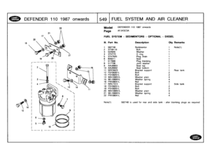 Page 550
DEFENDER
110
1987
onwards

	

1549
1
FUEL
SYSTEM
AN
D
AIR
C
LEA
NER

12
16

a

14
22

	

Model

	

DEFENDER
110
1987
onwards

Page
AFJXGC3A

19

	

20

-----
-
-

16

9

FUEL
SYSTEM
-
SEDIMENTORS
-
OPTIONAL
-
DIESEL

Note(1)

	

562748
is
used
for
rear
and
sidetank
-
alter
blanking
plugs
as
required

III
.
Part
No
.
Description
Oty
Remarks

1
562748
Sedimentor
1
Note(1)
2
371-18119
Bolt
1
3
522940
Washer
1
4
371-1770
0
ring
1
5
371-17920
Plug
drain
1
6
605011
Seal
1
7
517689
Plug
blanking
1
8
517706...