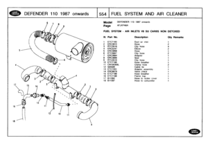 Page 555
DEFENDER
110
1987
onwards

	

1554
FUEL
SYSTEM
AND
AIR
CLEANER

Model

Page

DEFENDER
110
1987
onwards

AFJXPA6A

FUEL
SYSTEM
-
AIR
INLETS
V8
SU
CARBS
NON
DETOXED

III
.
Part
No
.
Description
Oty
Remarks

1
ETC7193
Duct
air
inlet
1
2
ERC3915
Hose
23
RTC3519
Clip
hose
44
ERC5247
Elbow
25
ERC3956
Hose
1
6
ETC5847
Clip
hose
27
ERC3894
Adaptor
1
8
ERC3899
Seal
1
9
RTC3519
Clip
hose
1
10
ETC7199
Hose
breather
1
11
CNIO0308L
Clamp
hose
2
12
594594
Cable
tie
1
13
ETC7201
Adaptor
assembly
1
14
ERC6878
Valve...