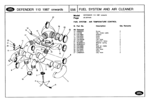 Page 557
DEFENDER
110
1987
onwards
:[556
FUEL
SYSTEM
AND
AIR
CLEANER

19

27

23

Model

Page

DEFENDER
110
1987
onwards

AFJXPA4A

FUEL
SYSTEM
-
AIR
TEMPERATURE
CONTROL

25

111
.

VS

Part
No
.

Detoxed

Description
Oty
Remarks

14
AB600031
Screw
4
15
216708
Clip
choke
cable
1

16
ERC3884
Adaptor
1
17
ERC4293
Hose
1
18
ERC4294
Hose
1

19
GN100508
Clip
hose
4

20
ERC3891Chp-ATC
Valve
2
21
WL600041L
Washer
spring
2
22
NH604041L
Nut
2

23
ERC3899
Seal
au
intake
1
24
ERC5400
Adaptor
1
25
RTC3502
Clip
hose
1
26...