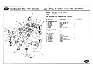 Page 558
DEFENDER
110
1987
onwards

	

1557
1
FUEL
SYS
T
E
M
AND
AIR
CLEANER

19

Model

	

DEFENDER
110
1987
onwards

27

	

Page
AFJXPA5A

23
9

FUEL
SYSTEM
-
AIR
TEMPERATURE
CONTROL

25

III
.
Part
No
.

V8
Evaporative
Loss
1
ERC7882

Description

Elbow
air
inlet
RH

Oty
Remarks

1
2
ERC7881
Elbow
air
inlet
LH
1
3
ERC7144
Duct
air
1
4
ERC7879
Sensor
1
5
613601
Hose
1
6
614866
Valve
non
return
1

Valve
to
manifold
7
614891
Hose
1

Duct
to
elbow
8
ERC5052
Hose
2
9
RTC3518
Clip
hose
4
10
ERC3890
Bracket...