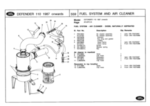 Page 560
DEFENDER
110
1987
onwards
T5591
FUEL
SYSTEMAND
AIR
CLEANER

Model

	

DEFENDER
110
1987
onwards

Page
AFJXPC1A

FUEL
SYSTEM
-
AIR
CLEANER
-
DIESEL
NATURALLY
ASPIRATED

FA375497
FA375498

FA375497
FA375498

FA375497FA375498
FA375498FA375498

Ill
.
Part
No
.
Description
Qty
Remarks

1
RRC4002
Air
cleaner
assembly
1
Upto
VIN

NTC4183
Air
cleaner
assembly
1
From
VIN

2
NRC9238
Element
1
NRC9239
Nut
wing
and
gasket
1

3
RRC3746
O-Ring
1
4
NRC8955
Valve
dump
1
Upto
VIN

NTC3751
Valve
dump
1
From
VIN
5...