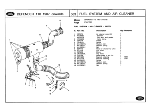 Page 564
DEFENDER
110
1987
onwards
:
563
FUEL
SYSTEM
AND
AIR
CLEANER

to
Model

Page

DEFENDER
110
1987
onwards

AFJXPC3A

FUEL
SYSTEM
-
AIR
CLEANER
-
200TDI

III
.
Part
No
.
Description
Qty
Remarks

1
ESR370
Air
cleaner
assembly
1
2
NTC6660
Element
1
NRC9239
Nutwing
and
gasket
1
3
NRC8955
Valve
dump
1
4
ESR276
Cradle
1
5
FS106161
Screw
3
6
WA106041
L
Washer
plain
3
7
WL106001L
Washer
spring
3
8
NH106041L
Nut
3
9
ESR415
Hose-air
cleaner
to
turbo
1

10
STC128
Clip
hose
2
11
ESR228
Elbow
1
12
CNIO0908L
Clip
hose...