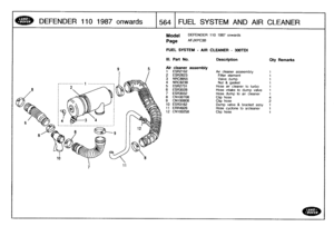 Page 565
DEFENDER
110
1987
onwards

	

564
FUEL
SYSTEM
AND
AIR
CLEANER

Model

	

DEFENDER
110
1987
onwards

AFJXPC3B
Page

FUEL
SYSTEM
-
AIR
CLEANER
300TDI

III
.
Part
No
.
Description
Qty
Remarks

Air
cleaner
assembly
1
ESR2102
Fur
cleaner
asseembly
1
2
ESR2623
Fitter
element
1
3
NRC8955
Valve
dump
1
4
NRC9239
Nut
8
gasket
1
5
ESR2731
Hose
air
cleaner
to
turbo
1
6
ESR3028
Hose
intake
to
dump
valve
t
7
ESR3032
Hose
dump
to
air
cleaner
1
8
CN100708
Clip
hose
4
9
CN100908
Clip
hose
210
ESR3162
Dump
valve
&...