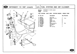 Page 576
DEFENDER
110
1987
onwards

	

[575
F
UEL
SYSTEM
AN
D
AIR
CLEANER

Model

Page

DEFENDER
110
1987
onwards

AFJ)CTA4A

FUEL
SYSTEM
-
EVAP
LOSS
-
STATION
WAGON
-
SINGLE
TANK

111
.
Part
No
.
Description
Oty
Remarks

14
592326
Catch
tank
1
15
NRC2087
Bracket
mounting
2
Front
16
SE106161
Screw
2
17
SH106161
Screw
6
18
MRC5695
Washer
plain
6
19
WL106001
Washer
spring
8
20
NH106041L
Nut
8
21
NRC2089
Bracket
mounting
2
Rear
22CP106081
Clip
retaining
2
23
611110
Connector
1
24
NRC2015
Pipe
1
25
543589
Clip...