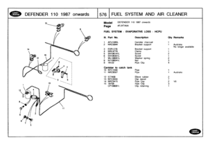 Page 577
DEFENDER
110
1987
onw
ards

	

1576
I
FUEL
SYSTEM
AND
AIR
CLEANER

Model

Page

DEFENDER
110
1987
onwards

AFJ)(TA5A

FUEL
SYSTEM
-
EVAPORATIVE
LOSS
-
HCPU

111
.
Part
No
.
Description
Oty
Remarks

1
AFU1085L
Canister
charcoal
1
2
NRC5844
Bracket
support
1
Australia
No
longer
available
3
ESR1278
Bracketsupport
1
4
NRC4776
Clamp
1
5
SH106141L
Screw
2
6
SH106351L
Screw
1
7
WL106001L
Washer
spring
2
8
NY106041L
Nut3
9
79122
Pipe
Clip
4

Canister
to
catch
tank
10
NTC1048
Pipe
1
11
NRC9507
Pipe
t
Australia...