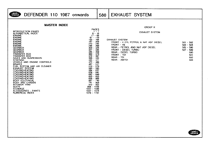 Page 581
DEFENDER
110
1987
onwards

	

1580
EXHAUST
SYSTEM

INTRODUCTION
PAGES
ALPHABETICALINDEXENGINEENGINEENGINEENGINEENGINEENGINE
GEARBOXGEARBOXGEARBOX
TRANSFER
BOX
TRANSFER
BOX
AXLES
AND
SUSPENSION
STEERINGVEHICLE
AND
ENGINE
CONTROLS
BRAKES
FUEL
SYSTEM
AND
AIR
CLEANEREXHAUST
SYSTEM
COOLINGMEATING
COOLING/HEATINGCOOLING/HEATINGCOOLING/HEATING
COOLINGMEATING
BODY
ELECTRICAL
BODY
AND
CHASSIS
INTERIOR
TRIM
SEATS
STOWAGE
ACCESSORIES
-
PAINTS
NUMERICAL
INDEX

MASTER
INDEX

PAGES
1-7
8-16
17-66
GROUP
K

EXHAUST...