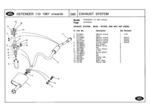 Page 586
DEFENDER
110
1987
onwards

	

585
t
EXHAUST
SYSTEM

19
Model

	

DEFENDER
110
1987
onwards

Page

EXHAUSTSYSTEM
-
REAR
-
PETROL
AND
NAT
ASP
DIESEL

AFKXAA3A

III
.
Part
No
.
Description
Oty
Remarks

1
NTC4614
Silencer
exhaust
1
Front
2
NTC2731
Olive
1
3
NTC1800K
Silencer
exhaust
1
Note(1)
NTC4617
Silencer
exhaust
1
Note(2)
NTC2701K
Silencer
exhaust
1
Note(3)
4
NRC8238
Finisher
tailpipe
1
Note(4)
5
FB108081L
Bolt
flanged
66
WL108001L
Washer
spring
67
FN108041L
Nut68
NRC7608
Clamp
exhaust
29
NRC7609
U...