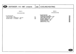 Page 596
DEFENDER
1101987
onwards

	

595
C
OOLING/HEATING

GROUP
L

COOLING/HEATING

COOLING/HEATING
FLUID
SYSTEM
-
RHS
VACUUM
PIPES
&
RESERVOIR
-
RHS/LHS
HEATER
PIPES
-
4
CYLINDER
-
RHS

GROUP
L

COOLING/HEATING

COOLING/HEATING
FRESH
AIR
DUCT
-
RHS
658
-
647
PLENUM
659
DEFROSTERS
RHS
659
FACIA
PANEL
ASSEMBLY
-
RHS
660
648
FRESH
AIR
DUCT
-
LHS
661
649AIR
DUCT
INSULATION
-
LHS
662
HEATER
CONTROLS
-
LHS
663
PLENUM
CHAMBER
-
LHS
664
FACIA
PANEL
-
LHS
665
DEMISTER
AND
FLAPS
666 