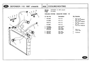 Page 609
DEFENDER
110
1987
onwards
1608
COOLING/HEATING

Is
Model

Page

DEFENDER
110
1987
onwards

AFLXAA5A

COOLING
SYSTEM
-
RADIATOR
HOSES
-
V8

on
FA428918
onFA428919

FA429127
FA429128

ed

III
.
Part
No
.
Description
Oty
Remarks

1
NRC5985
Hose
top
1
Non
air
Upto
VIN
NTC5686
Hose
top
1
Non
air
From
VIN
NRC9710
Hose
top
1
Air
con
Upto
VIN
NTC5687
Hose
top
1
Air
con
From
VIN
2
NTC3543
Hose
bottom
1

3
CN100508
Clip
hose4
4
NRC9726
Hose
bleed
1
NTC2736
Hose
bleed
1
When
oil
cooler
fit
5
AAU1979
Clip
hose
2
6...