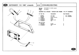 Page 613
DEFENDER
110
1987
onwards

	

16121
COOLING/HEATING

Model

Page

DEFENDER
110
1987
onwards

AFLXAG2A

GEARBOX
OIL
COOLER
-
COOLER
AND
FRAME
-
VS
LT77
GEARBOX

22091
22092

III
.
Part
No
.
Description
Oty
Remarks

1
ESR488
Oil
cooler
1
Upto
JA
ESR1554
Oil
cooler
1
FromJA
2
ESR489Frame
mounting
1
3
FS1061671
Screw
24
SH106121L
Screw
25
WA106041
L
Washer
plain
46
NH106041L
Nut
4

Non
Air
Con
7
NRC7459
U
bolt
48
WA106041L
Washer
plain
89
NH106041L
Nut
8 