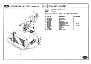 Page 617
DEFENDER
110
1987
onwards

	

16161
COOLING/HEATING

16

Model

Page

ENGINE
OIL
COOLER
-
PIPES
-
V8
-
UPTO
VIN
FA429127

DEFENDER
110
1987
onwards

AFLXA13A

III
.
Part
No
.
Description
Oty
Remarks

11
WA108051
L
Plain
washer
512
WL108001L
Washer
spring
513
FN
108041L
Nut
514
NRC4162
Pipe
flexible
215
NRC5824
Pipe
assembly
feed
1

NRC8198
Pipe
assembly
feed
t
Air
con
16
NRC5823
Pipe
assembly
1
NRC8199
Pipe
assembly
return
1
Air
con
17
NN706011
Nutsert
1

18
594637
Clamp
pipe
1
19
FS106167L
Screw
1
20...