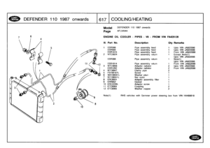 Page 618
DEFENDER
110
1987
onwards

	

1617
COOLING/HEATING

Model

Page

Note(1)

DEFENDER
110
1987
onwards

AFLXA14A

RHS
vehicles
with
Gemmer
power
steering
box
from
VIN
HA469818

ENGINE
OIL
COOLER
PIPES
-
V8
-
FROM
VIN
FA429128

III
.
Part
No
.
Description
Oty
Remarks

1
ESR399
Pipe
assembly
feed
Upto
VIN
JA922098
ESR583
Pipe
assembly
feed
Upto
VIN
JA922098
ESR1915
Pipe
assembly
feed
From
VIN
JA922099
2
NTC5624
Pipe
assembly
return
Except
Note(1)
Upto
VIN
JA922098
ESR398
Pipe
assembly
return
1
Note(1)
Upto...