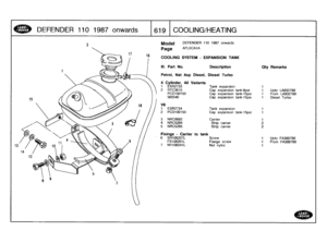 Page 620
DEFENDER
110
1987
onwards

	

1619
COOLING/HEATING

13

Model

Page

COOLING
SYSTEM
-
EXPANSION
TANK

III
.
Part
No
.

DEFENDER
110
1987
onwards

AFLXCA1A

Petrol,
Nat
Asp
Diesel,
Diesel
Turbo

Description

	

Oty
Remarks

4
Cylinder,
All
Variants
1
ESR2733
Tank
expansion
1
2
RTC3610
Cap
expansion
tank-9psi
1
Upto
LA932798
PCD100150
Cap
expansion
tank-1
5psi
1
FromLA932799
565540
Cap
expansion
tank-15psi
1
Diesel
Turbo

V8
1
ESR2734
Tank
expansion
1
2
PCD100150
Cap
expansion
tank-15psi
1

3
NRC6692...