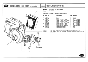 Page 627
DEFENDER
110
1987
onwards

	

1626
COOLING/HEATING

--
.
-
------
3
--------------------------

Model

Page

DEFENDER
110
1987
onwards

AFLXGA2A

HEATING
SYSTEM
-
HEATER
COMPONENTS

Note(1)

	

For
Heater
assy
with
downward
facing
mleVoutlet
pipes
BTR1109
ForHeater
assy
with
horizontal
inletioutlet
pipes
STC456
BTR1116
BTR1117

III
.
Part
No
.
Description
Oty
Remarks

1
AAP817
Matrix
1
Note(1)
UTP1725
Matrix
1
Note(2)
2
AAP810
Volute
assembly
-
RHS
1
Up
to
LA939975
UTP1259
Volute
&
motor
assy
-
RHS
1...