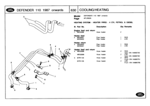 Page 631
DEFENDER
1101987
onwards

	

1630
[COOLINGMEATING

Model

Page

III
.
Part
No
.

DEFENDER
110
1987
onwards

AFLXIA2A

HEATING
SYSTEM
-
HEATER
PIPES
-
4
CYL
PETROL
&
DIESEL

RHS
LHS

RHS
LHS

Description

	

Oty
Remarks

RHS
Upto
VIN
HA900750
LHS
Upto
VIN
HA900794
RHS
From
VfN
HA900751
LHS
From
VIN
HA900795

Engine
feed
and
return
t
NRC6306
Hose
heater
2

Heater
feed
2
NRC6307
Pipe
heater
1
NRC6422
Pipe
heater
1

Heater
return3
NRC6420
Pipe
heater
1
NRC6421
Pipe
heater
1

Heater
feed
and
return4
NRC6308...