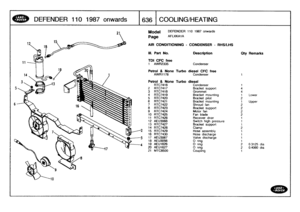 Page 637
DEFENDER
1101987onwards

	

16361
COOLING/HEATING

Model

Page

DEFENDER
110
1987
onwards

AFLXKA1A

AIR
CONDITIONING
-
CONDENSER
-
RHS/LHS

III
.
Part
No
.

	

Description

	

Oty
Remarks

TDI
CFC
free
1
AWR2335

	

Condenser

Petrol
&
None
Turbo
diesel
CFC
free
AW81178
Condenser
1

Petrol
&
None
Turbo
diesel
RTC7416
Condenser
1
2
RTC7417
Bracketsupport
43
RTC7418
Grommet
4
4
RTC7419
Bracket
mounting
1
Lower
5
RTC7420
Bracket
pilot
2
6
RTC7421
Bracket
mounting
1
Upper
7
RT07422
Shroud
fan
28
RTC7423...